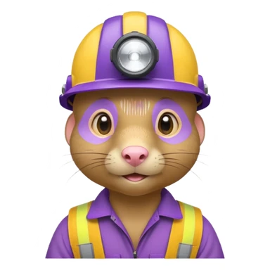 a mole rat, purple helmet, headlamp, yellow worker cloth sticker