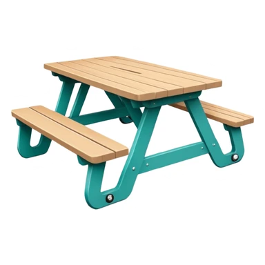rectangular picnic table with benches, soft teal color, straight vertical legs, wheels underneath, flat wood-style silhouette, clean geometry, minimal shading, theatrical prop sticker