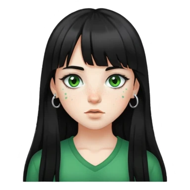 Sou uma menina de pele branca, tenho cabelos que vão até depois do ombro e são pretos, tenho franja, olhos verdes, sardas, piercing na sobrancelha  sticker