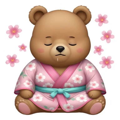 A cute chubby light-brown bear wearing a pastel pink sakura-patterned kimono, body and round head, adorable simple face, sleepy half-closed eyes, small blush on cheeks, sitting while dozing off, tiny “zzz” floating above the head sticker