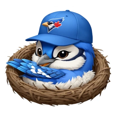 baby bluejay bird, sleeping in nest, with blue jays baseball hat sticker