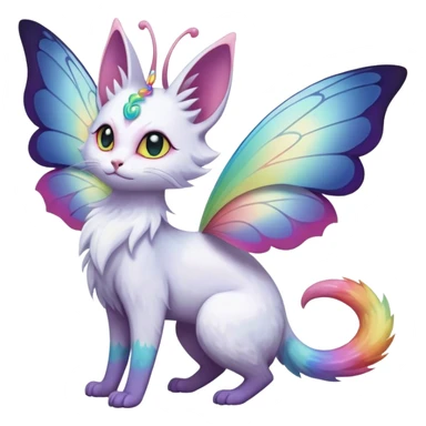 Pure-snow-White albino iridescent with pastel rainbow-gradients-color-markings with swirly patterns butterflies  faerie-Noivern-Noibat-Purloin-Torracat-Lykoi-Caracal-cat-Fakemon-fusion-hybrid-creature sticker