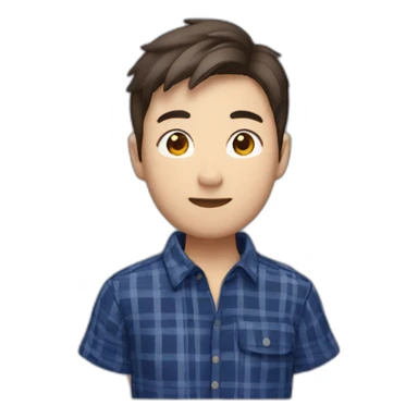 A Chinese young man with no beard,  short brown hair, exuding confidence, clad in a navy blue checked flannel shirt. sticker