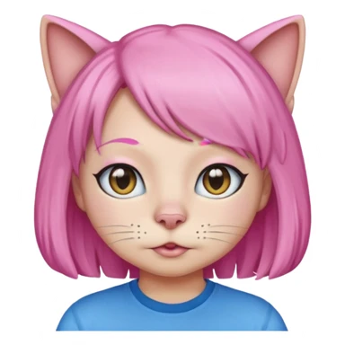 Black cat wearing a pink hair wig, blue T-shirt sticker