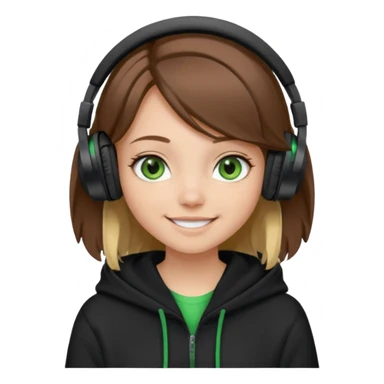 a girl with brown hair blonde ends green and wearing black headphones baggy hoddie she is happy  sticker
