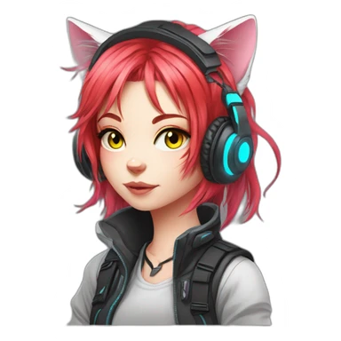 Anime cat gamer girl cyberpunk neon red hair sticker