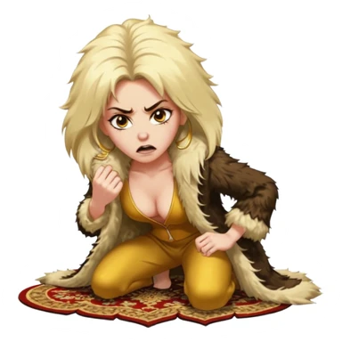 Cinematic Realistic Ultra HD -  Angry, High Nose - Glamour, Plunging Neck Hilary Duff Extreme Long Long Hairstyle in Shaggy Fur Coat with Gold Flash - Crouching on Kashmir Carpet sticker