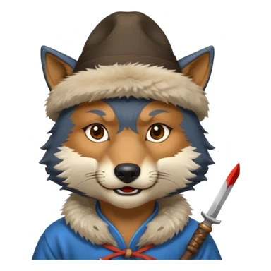 wolf face, mogolian ancient with small knife and hat sticker