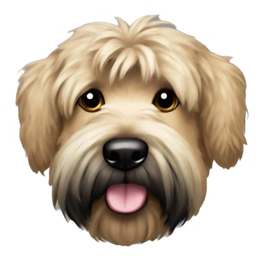 Wheaten terrier with long fluffy hair, black ears and black chin sticker