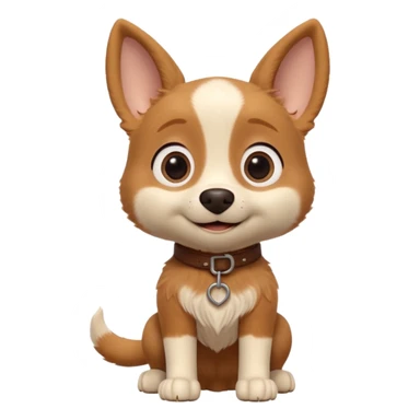 Boots the dog from Puss in Boots, Pixar / DreamWorks-style 3D render; cute, small dog with big round expressive eyes, floppy ears, and a sweet innocent smile; soft light-brown and cream fur with gentle texture; playful, loyal personality; polished animated-film quality;  sticker