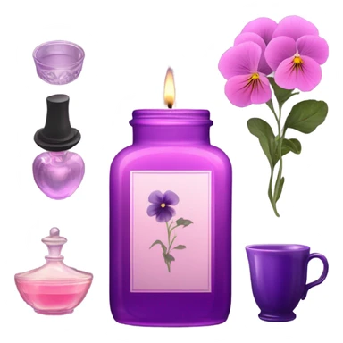A cozy aesthetic: a dark purple candle in a glass jar, pink pansies, a violet vintage perfume bottle, and a pink cup of steaming tea. sticker