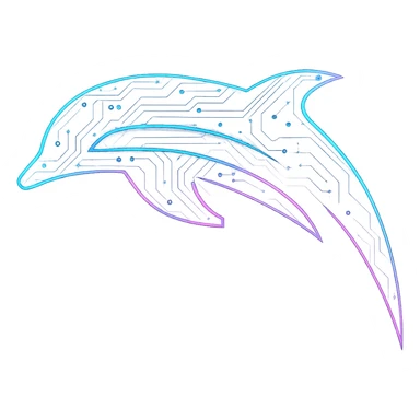Transform the Dolphin emulator logo into a cyberpunk, holographic style with glowing neon blue and pink edges, circuit patterns throughout the entire logo, and a transparent background. Maintain the recognizable dolphin outline, overlaying neon and circuit effects in a consistent futuristic, clean cyberpunk glow style with intricate circuit details, similar to previous cyberpunk icons. sticker