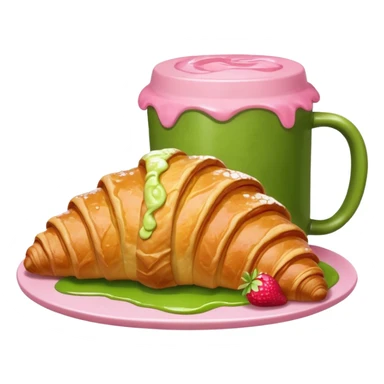 A giant croissant with a closed matcha mug with a strawberry syrup base sticker