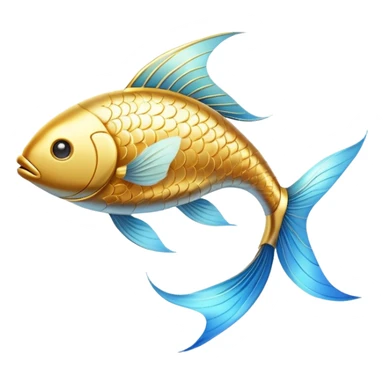 Luminous golden fish icon with flowing lines, stylized as an omega-3 symbol. The fish has a metallic gold appearance with gentle light emanating from within, creating a magical, ethereal quality against a subtle blue glow. sticker