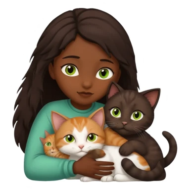 Crea un emoji donde salga un chico moreno con los ojos claros, una chica morena con los ojos marrones y SOLO UN gato europeo comun de pelaje oscuro y ojos verde claro, quiero que se esten abrazando y el gato este en el medio de los dos sticker