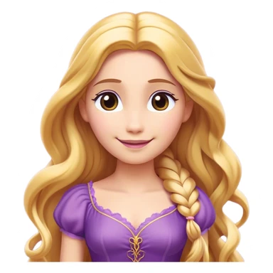 Cinematic Radiant Rapunzel Portrait Emoji, rendered in a flat vector style with clean proportions. Show Rapunzel with a gentle smile, fair, glowing skin, and her iconic long golden hair cascading softly, wearing a simple, elegant purple dress. The image radiates a warm, enchanting glow, high shine, and is accentuated by a soft glowing outline. sticker