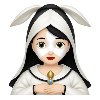 vull un perosnatge estil bimoji que sigui com una nimfa bella i fantasmal amb túniques blanques. Té la pell literalments blanca com el guix, cabell platejat, un nas llarg, ulls negres grans i llavis carmesí. que estigui somrient sense arrecades i roba vermellai balnca  sticker