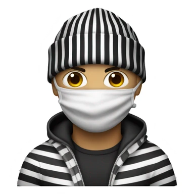 Robber with beanie and eye mask with black and white stripes, carrying a bag with a money symbol sticker
