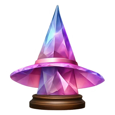 crystal sculpture witch hat with a geometric, faceted design. The hat is standing upright on a wooden stand with angular and baroque features. The vibrant midtone tints of pastels and pink highlights the sharp edges and planes.  sticker