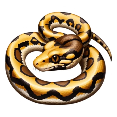 A photo-realistic digital illustration of a Ball Python, large headshot portrait. The snake has a short, rounded snout and smooth, soft contours, with a gentle, inquisitive expression that gives it a slightly playful charm. Its head is warm brown with bold, irregular dark markings. sticker