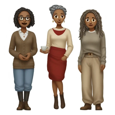 2 women, woman with gray locs, wearing pants , other woman is brown with red locs, in a knee-length dress with a cozy sweater, looking at antique items, such as a vintage lamp or an old teacup, with a table full of trinkets in the background sticker