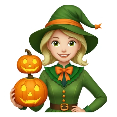 Woman Hunter With Jack o Lantern, wearing green costume, with bow sticker