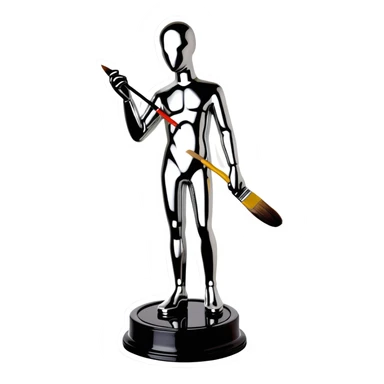 A paintbrush transforming into a silver human silhouette sculpture, symbol of artistic identity, with a gleaming silver metallic finish sticker