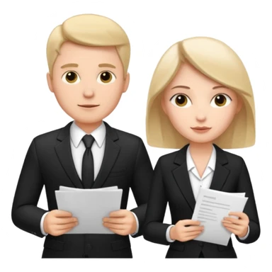 white man in formal suit talking to white woman in formal suit, they sit, papers in hands sticker