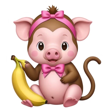 a pig with a pink ribbon on its head and a monkey eating a banana sticker