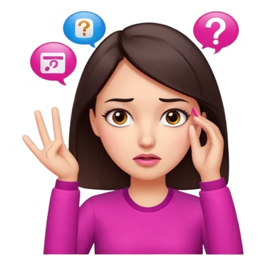 Social media manager. She has dark brown hair, brown eyes, , confused expression, raised eyebrows, questioning face, one hand on the head as if not understanding analytics.. Use vibrant colors with a focus on pink and fuchsia tone sticker