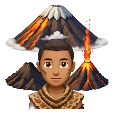 a avatar wearing ancient animal skin cloth with volcano behind, half body, icon sticker