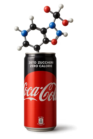 rappresenta una molecola chimica di aspartame che esce da una lattina di coca cola zero, iperrealistica 4k sticker