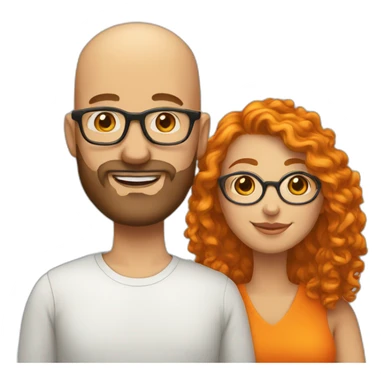 Bald man with beard and optical glasses and his wife with orange short curly and orange hair sticker