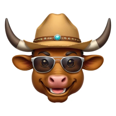 smiling bull head with prominent horns, dark sunglasses, and cowboy hat sticker