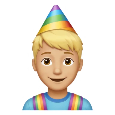 Young man, short yellow hair, rainbow birthday hat, happy sticker