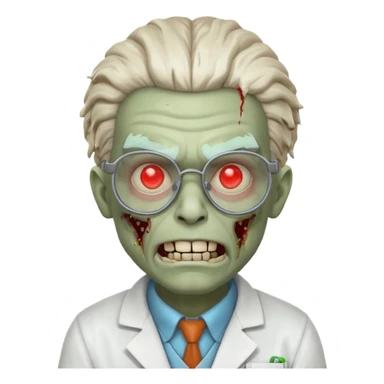 mad experiment zombie scientist portrait, head and shoulders only, exposed brain glow, broken glasses, evil grin, horror lab vibe, 3D cartoon, mobile game icon style, clean background, no text, no watermark
 sticker
