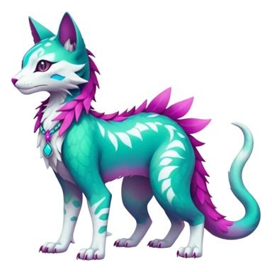 Kawaii colorful iridescent turquoise-green and magenta and white beautiful pretty elegant divine edgy fantasy feline-vernid-sergal-Fakémon-Pokémon-fursona-animal-creature with accessories, full body, with intricate detailed markings sticker