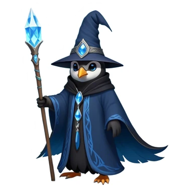 A mysterious penguin mage with sleek midnight-blue feathers, wearing a flowing black robe adorned with silver runes. A tall, pointed wizard hat sits slightly tilted on his head, the brim casting a shadow over his glowing icy-blue eyes. His flipper clutches an ancient wooden staff topped with a swirling crystal, radiating a soft, cold light. Snowflakes drift around him as he stands on a frozen cliff, his aura crackling with arcane energy, ready to summon a blizzard with a flick of his staff. sticker