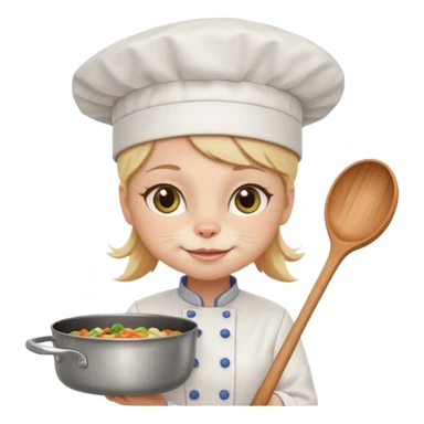 White girl cat with a chef hat holding a pan while smiling sticker