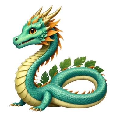  serpent dragon. Slim, serpentine body with smooth scales in soft blues and greens. Fluffy leaf plumes replace the tail fins, and a terracotta crown-like crest adorns its head. Gentle amber eyes. sticker