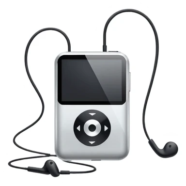 Futuristic iPod emoji with earphones, metallic black and white, smooth reflective surfaces, flat minimal vector design, clean UI style sticker
