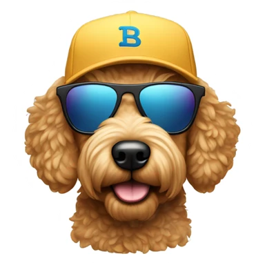 Golden doodle wearing sunglasses and a backwards hat sticker