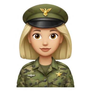 Female soldier emoji in Apple style, no cap/helmet, bust portrait, gentle smile, generic camo, hair visible, soft gradients, transparent PNG sticker