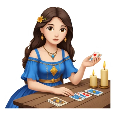 Create a brunette girl with brown eyes sitting at a table with tarot cards. sticker