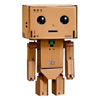 small cardboard robot named Danbo standing alone in a softly lit room, square head with two round black eyes and a small rectangular mouth, folded cardboard body, jointed arms and legs, warm wooden floor, soft shadows, cartoonish, clean lines, pastel colors, cozy and nostalgic atmosphere sticker