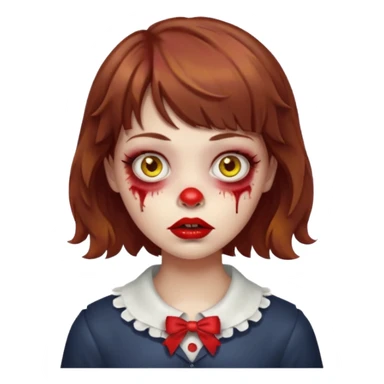 FAÇA UMA PERSONAGEM FOFA COM NARIZ DE BOLINHA AVERMELHADO CLARO E ZUMBI CABELO MARRON ONDULADO E FRANJA CURTA   COMO SE NÃO SOUBESSE OQ FEZ LÁBIOS CLAROS FECHADOS E OLHOS AMARELOS sticker