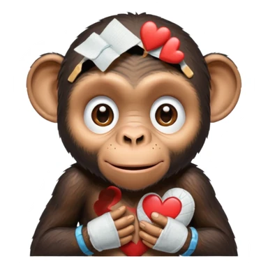 teary-eyed cartoon chimpanzee holding a broken heart and applying bandaids sticker