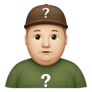 white fat man with brown cap and green t shirt printeed a question mark sticker