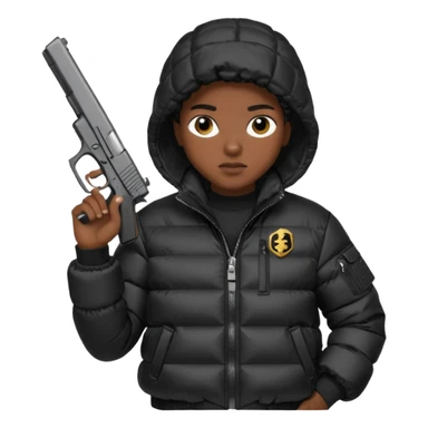 african american wearing a black puffer jacket with the hood on and holding a glock 26 sticker