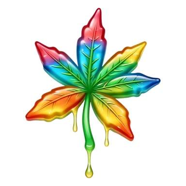 generate an emoji-style image of a juicy gummy shaped like a marijuana flower, make it colorful and with liquid dripping out sticker